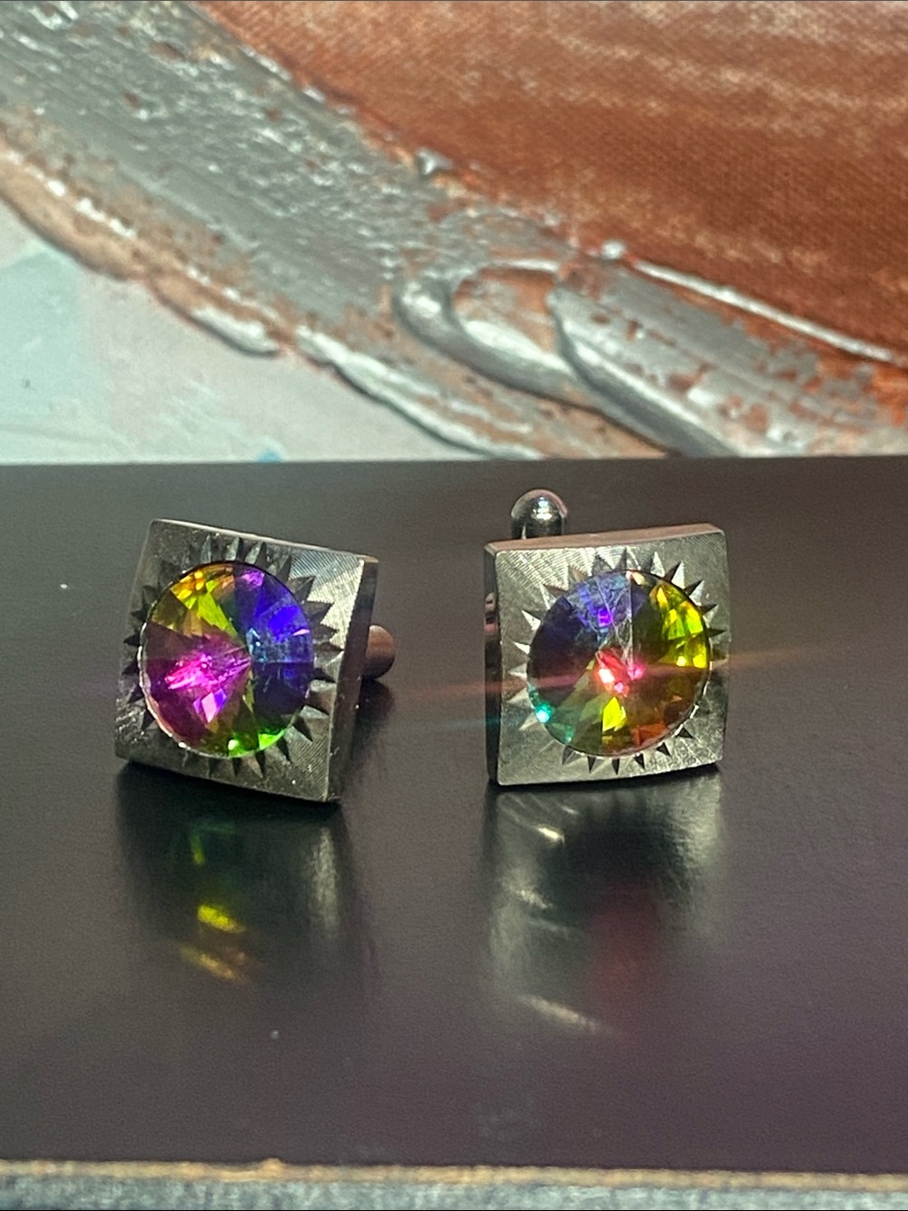 3📚/$25 -Silver Tone Watermelon Rivoli Rhinestone Vintage Cuff Links